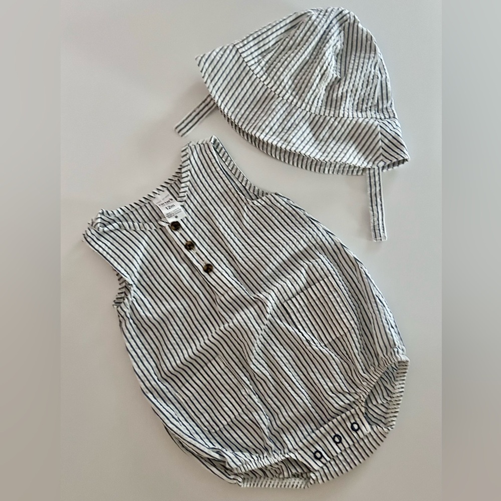12 month old Carter’s navy striped onesie sleeveless with matching velcro hat